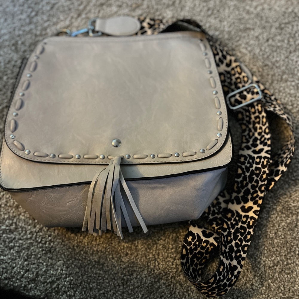 Boutique Taupe Western Shoulder Bag with Leopard Strap